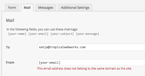 The most common configuration error seems to be "This email address does not belong to the same domain as the site."